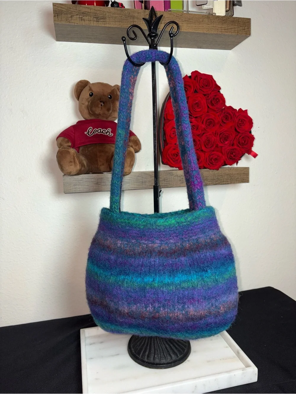 Handcrafted Multicolor Felted Wool Shoulder Bag - Purple & Teal